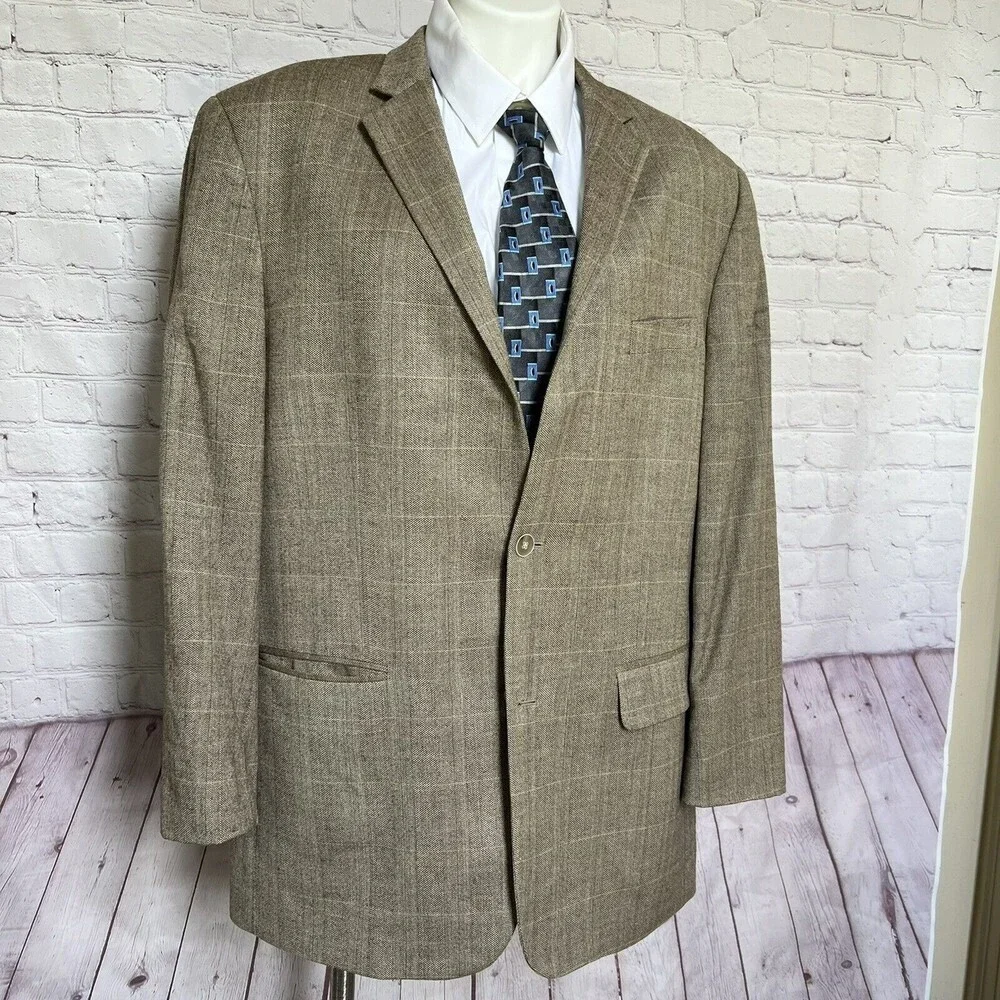 Tasso Elba Mens 44L Plaid Herringbone Blazer Silk Wool Blend Sport Coat Jacket
